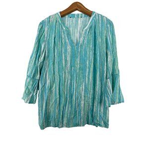Gloria Vanderbilt Women Top L Teal Space Dyed Bell 3/4-Slv V-Neck Beachy Coastal